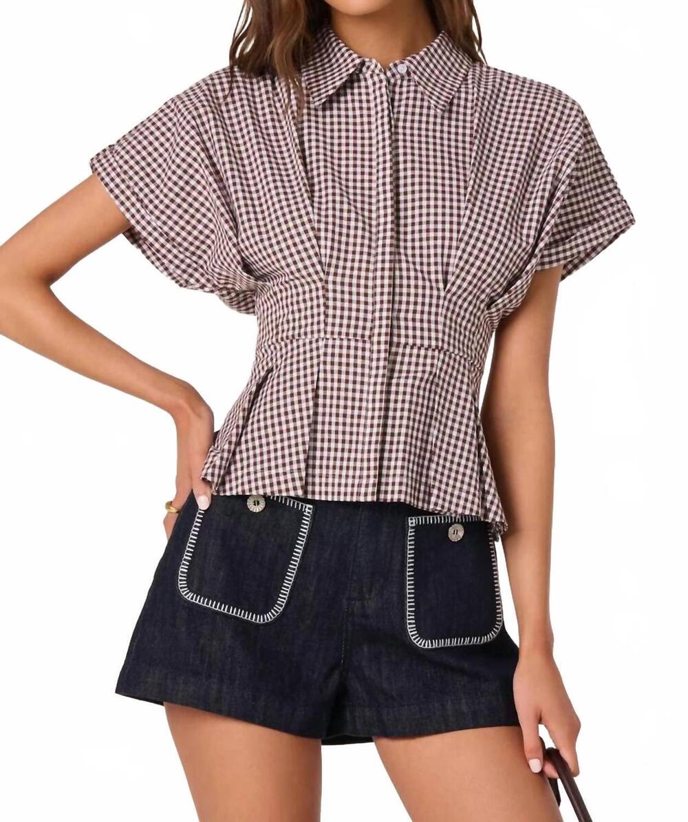 NEW ASTR beck bleated front top in brown gingham